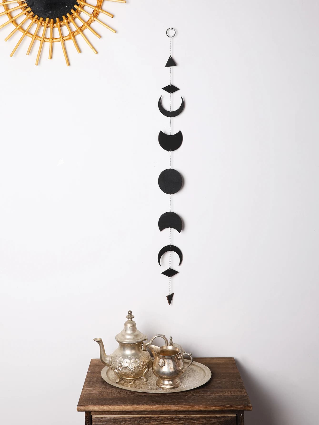 Phase de lune noire tenture murale Boho chambre décor bois lune guirlande mur Art salon chambre crèche bureau appartement décoration