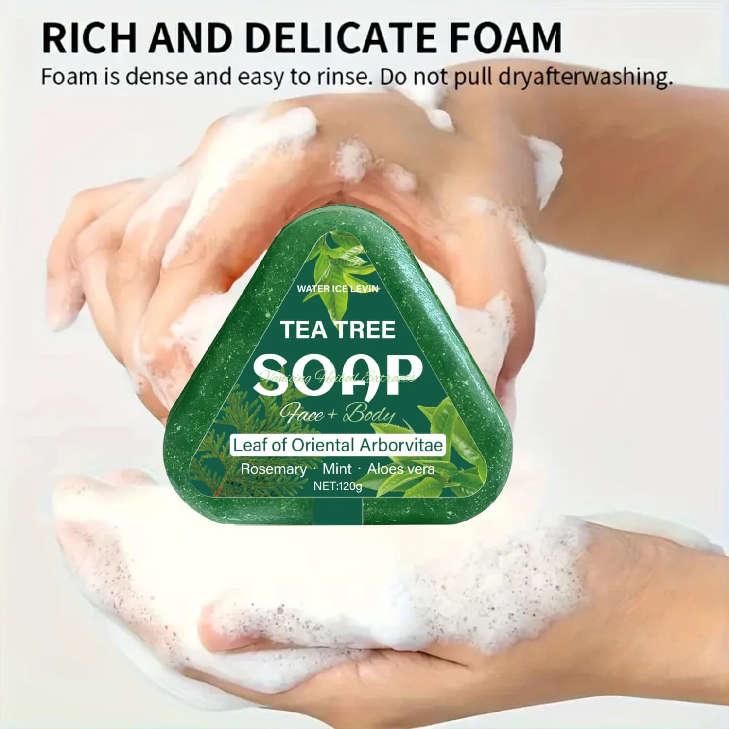 Savon à l'arbre à thé (visage + corps) : feuille d'arborvitae orientale, romarin/menthe/aloéle, hydrate en douceur tous les types de cheveux