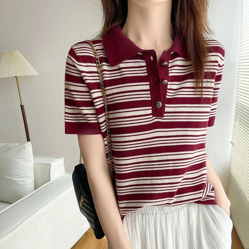 Pull rayé à manches courtes pour femme, t-shirt 100% coton, col rabattu, chemisier pour femme, t-shirts pull, boutons