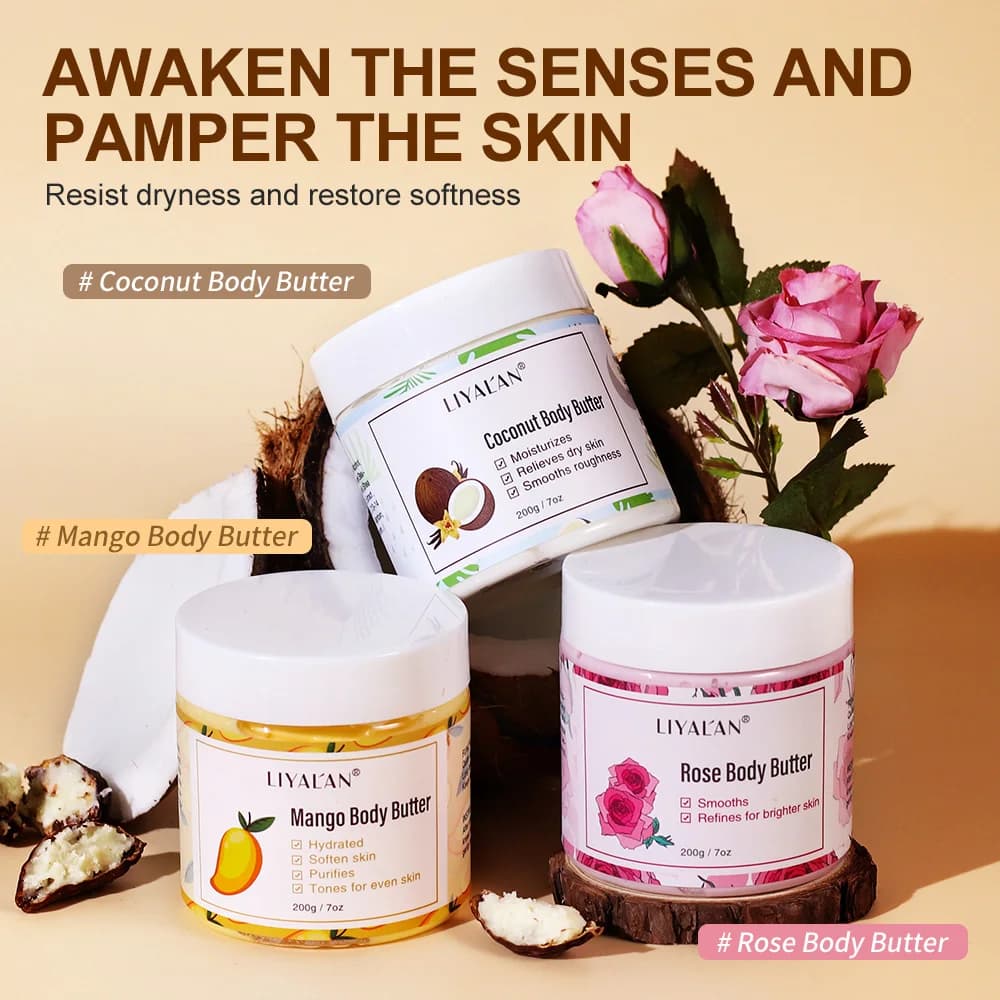 Beurre de karité apaisant la peau sèche nourrir hydratant lisse rugueux crème d'hydratation profonde noix de coco Rose mangue soin de la peau Lotion pour le corps