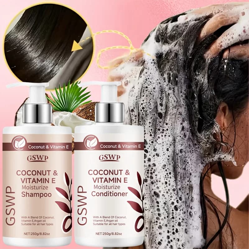 GSWP Ensemble shampoing et après-shampooing à la vitamine E à l'huile de coco nourrit en profondeur les cheveux
