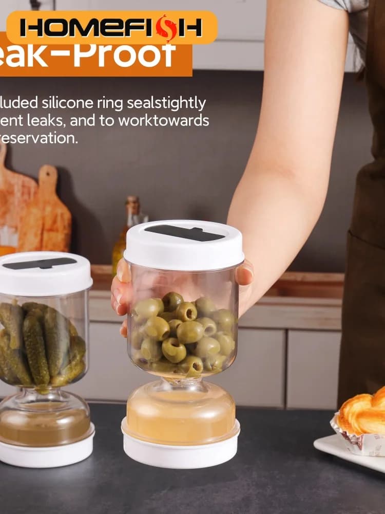 Nouveau pot à olives et cornichons avec passoire, pot sablier avec passoire, récipient à cornichons à couvercle rabattable pour un stockage hermétique des aliments