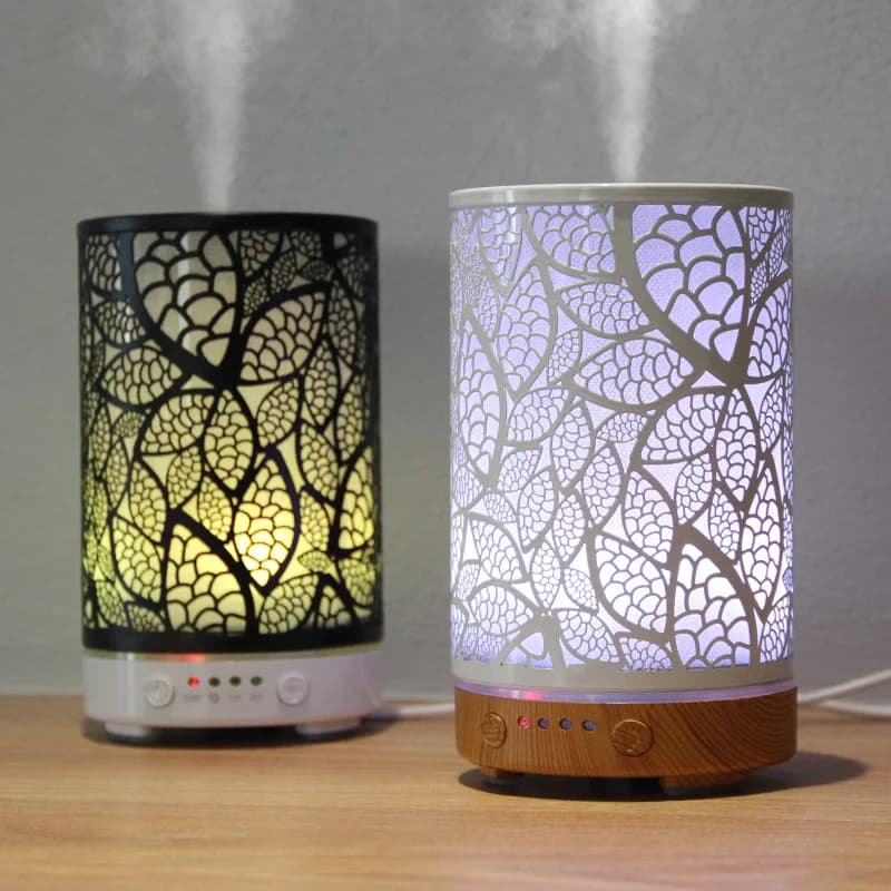 Diffuseur d'arôme en fer, feuilles creuses, humidificateur d'air ultrasonique, humidificateur de bureau, appareils ménagers intelligents, décoration de salle avec lumière Led