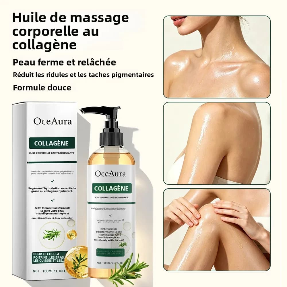 OceAura Huile Corporelle Raffermissante au Collagène – Améliore l'Élasticité de la Peau, Hydratation Intense, Lisse le Corps, Non Grasse, Romarin – Raffermit Bras et Ventre