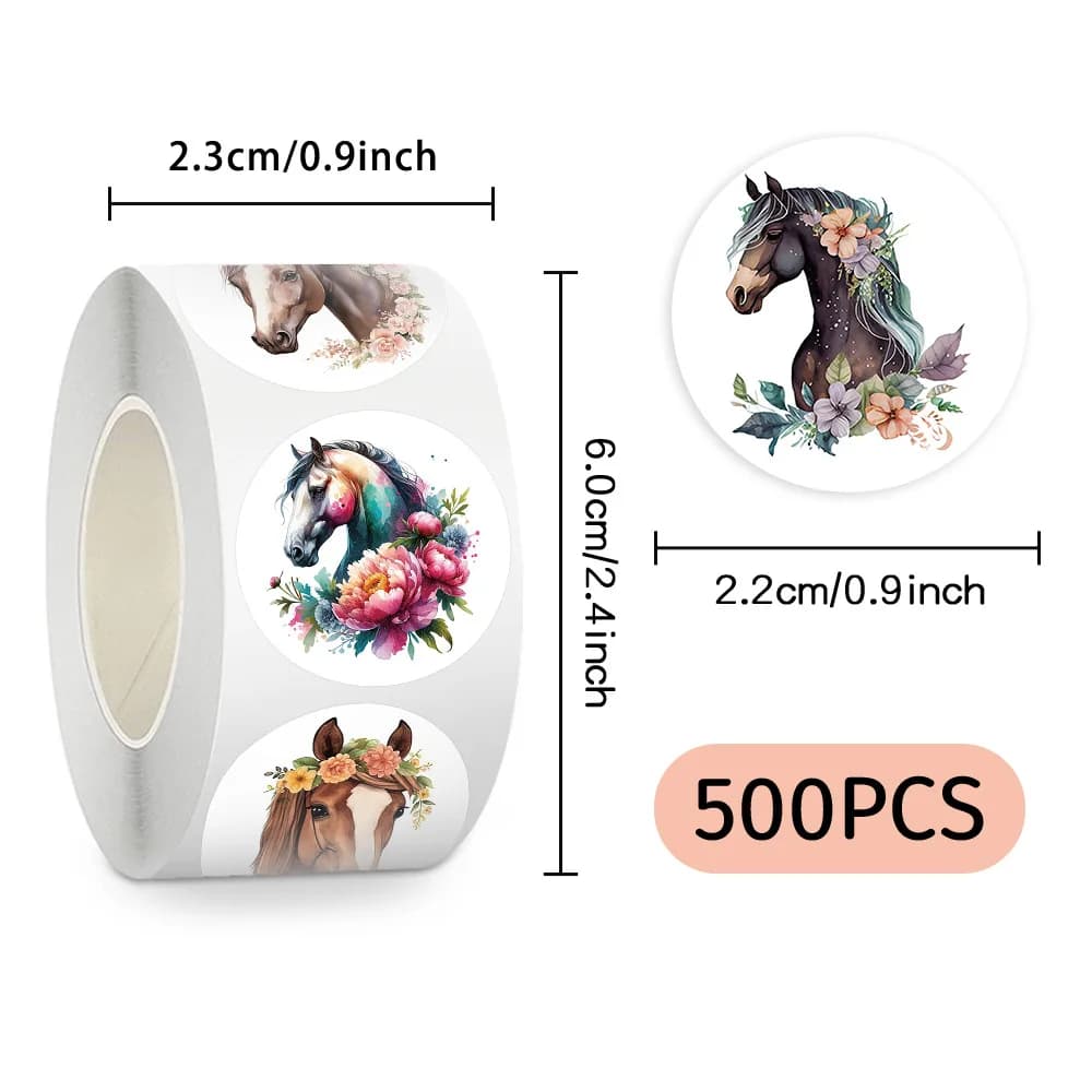 Rouleau d'autocollants cheval au galop, 500 pièces/rouleau, aquarelle, dessin animé drôle, pour ordinateur portable, téléphone, guitare, réfrigérateur, enveloppe, jouets pour enfants
