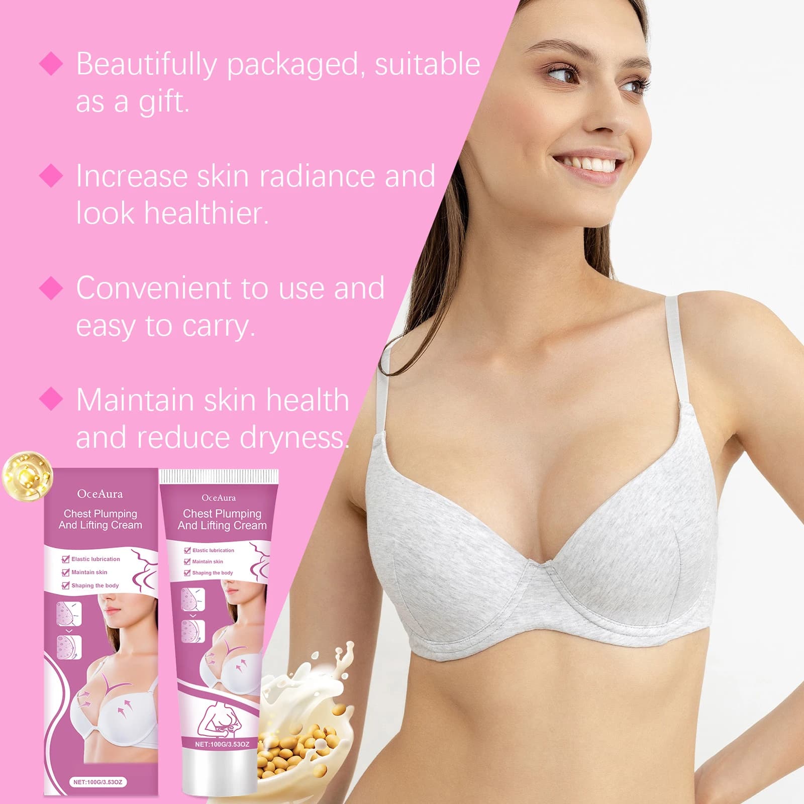 Crème Raffermissante et Volumatrice pour la Poitrine – Améliore les Seins Plats et Tombants – Soin et Massage des Seins