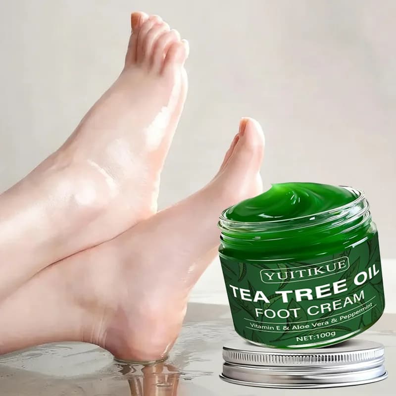 YUITIKUE Crème pour les pieds à l'huile d'arbre à thé 100g - Hydratant multi-usage pour pieds, mains, genoux et coudes, Soin doux avec vitamine E et aloès