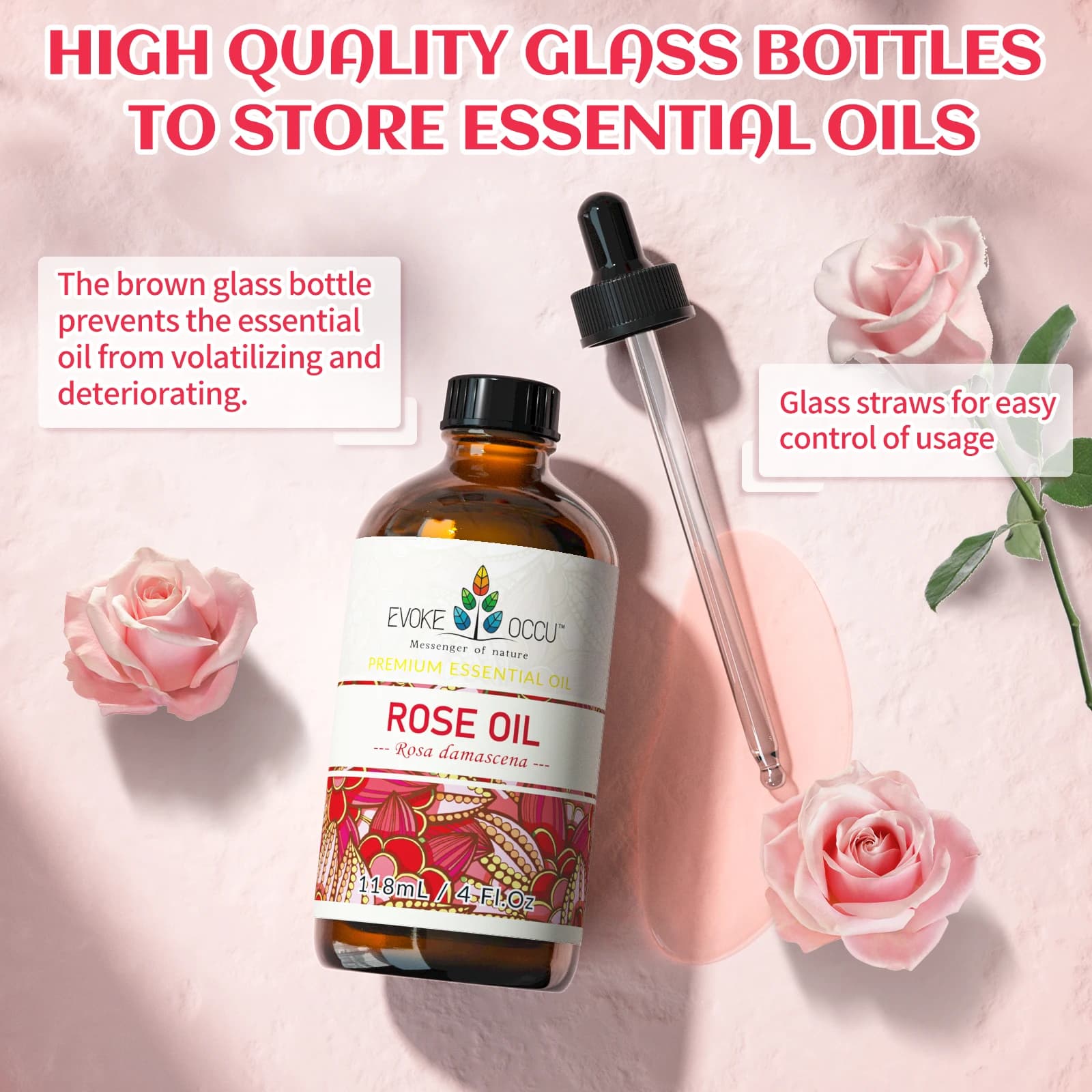 EVOKE OCCU 118ML/4 Fl.Oz. Huile essentielle, huile de diffuseur de rose de qualité supérieure pour le bain, purificateur, soin de la peau, fabrication de parfums et de bougies, fabrication de savon