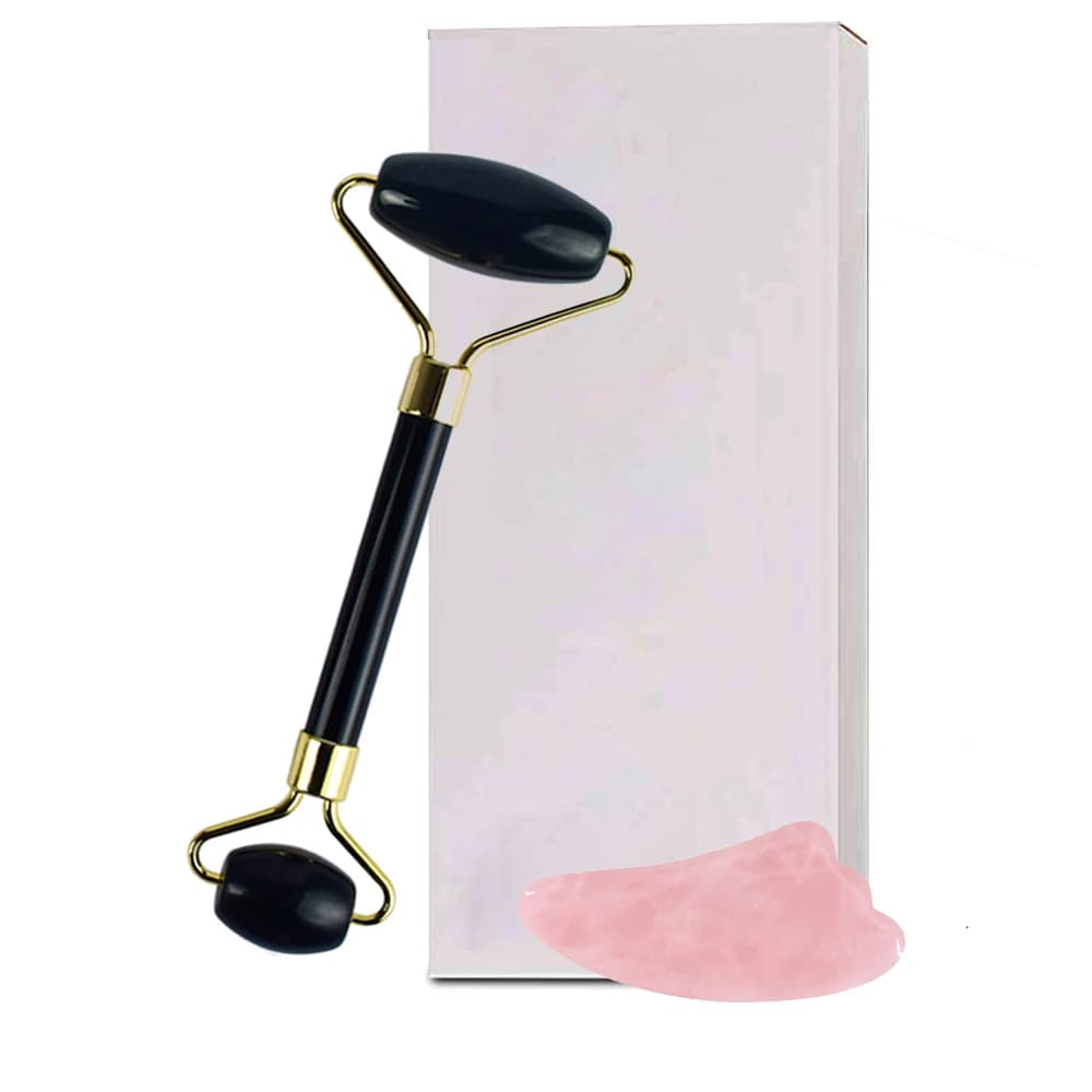 Masseur facial à rouleau de jade de quartz naturel avec planche guasha, kits vert rose noir pour massage au rouleau du visage et du cou