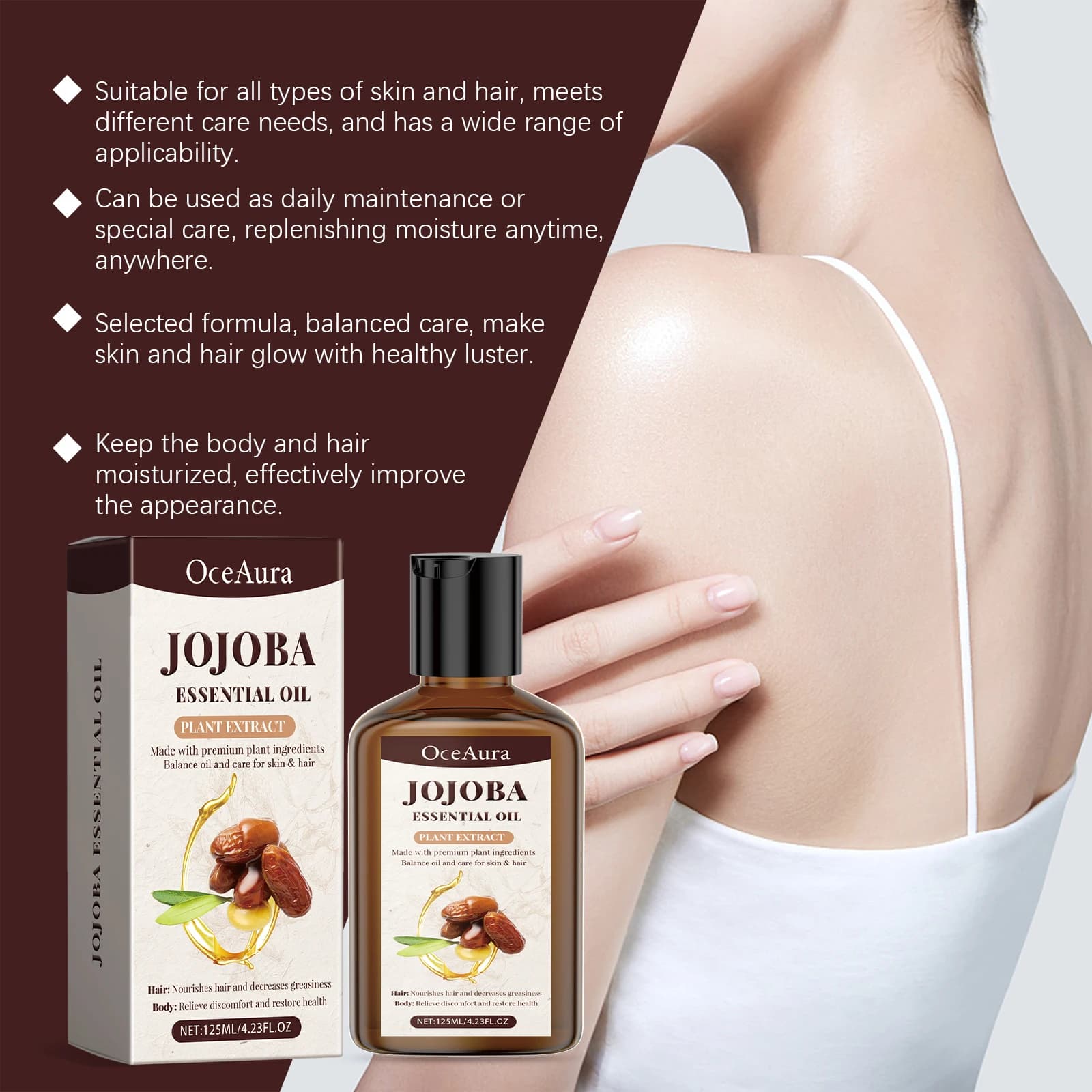 Huile de jojoba naturelle anti-rides, raffermissante, hydratante pour le visage, huile de massage relaxante, réparation des cheveux, soin de la peau, huile corporelle nourrissante 125 ml