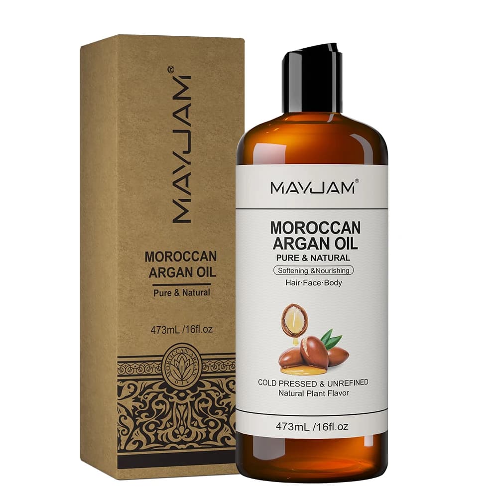 Huile d'Argan Marocaine Pure et Naturelle MAYJAM pour Massage du Visage, des Cheveux et du Corps, Huile d'Amande Douce Pressée à Froid Certifiée USDA 473ml Huile pour le Visage