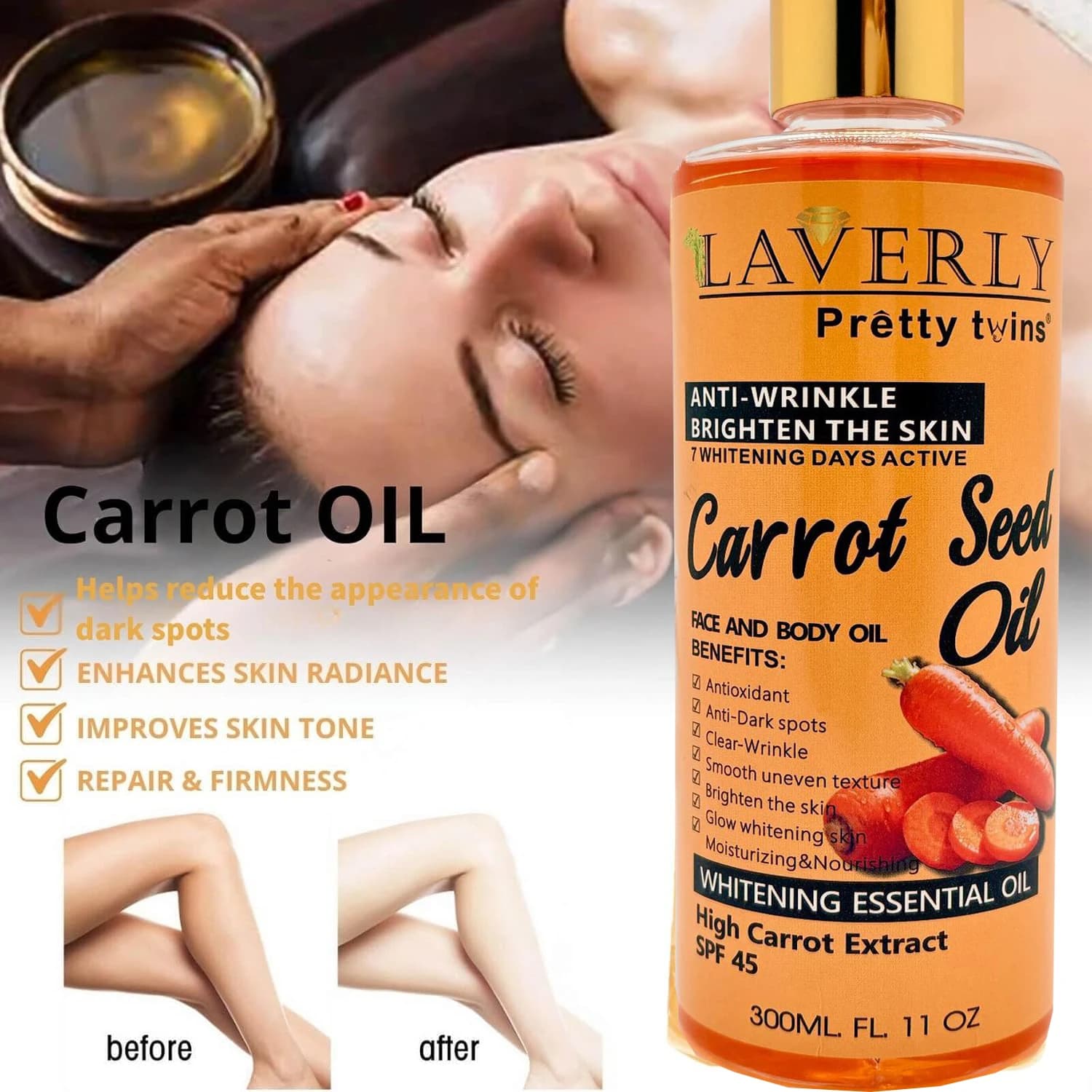 Huile corporelle hydratante à la carotte et au b-carotène 300 ml – Huile essentielle unisexe pour le corps, le visage et les mains