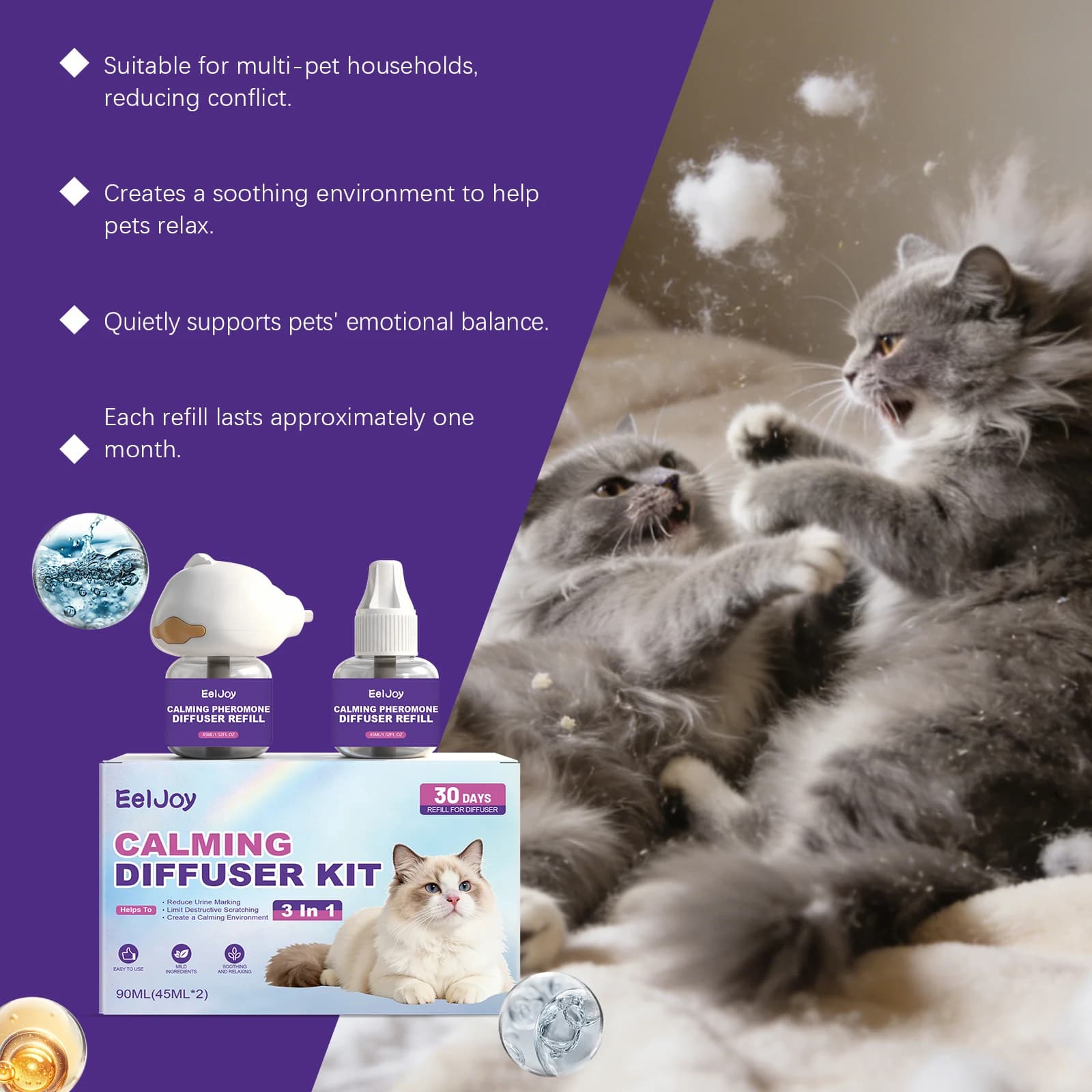 Diffuseur apaisant pour chats, anti-stress, aide à la relaxation pour chats anxieux, diffuseur d'ambiance pour maison multi-chats, couverture de 700 pieds carrés