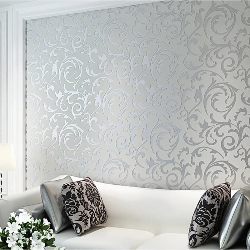 Papier peint victorien damassé argent/or, revêtement mural gaufré, rouleau de papier peint floral argenté de luxe à motif feuille de Medlar pour la maison