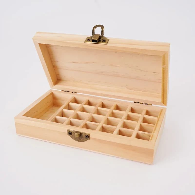 Boîte d'huiles essentielles de grande capacité, boîte de stockage d'huiles essentielles en bois massif pur à 25 grilles