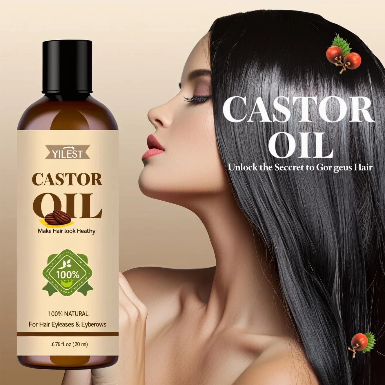 Huile de ricin 100% pure – Pour la croissance des cheveux, soin des cils et des sourcils, hydratant et renforce les cheveux secs et endommagés, répare les pointes fourchues