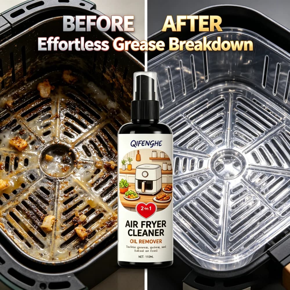 QIFENGHE 110ML Spray Nettoyant pour Friteuse à Air avec Serviette, Dégraissant 2-en-1, Élimine Graisse, Saleté et Restes de Nourriture Cuites pour la Cuisine