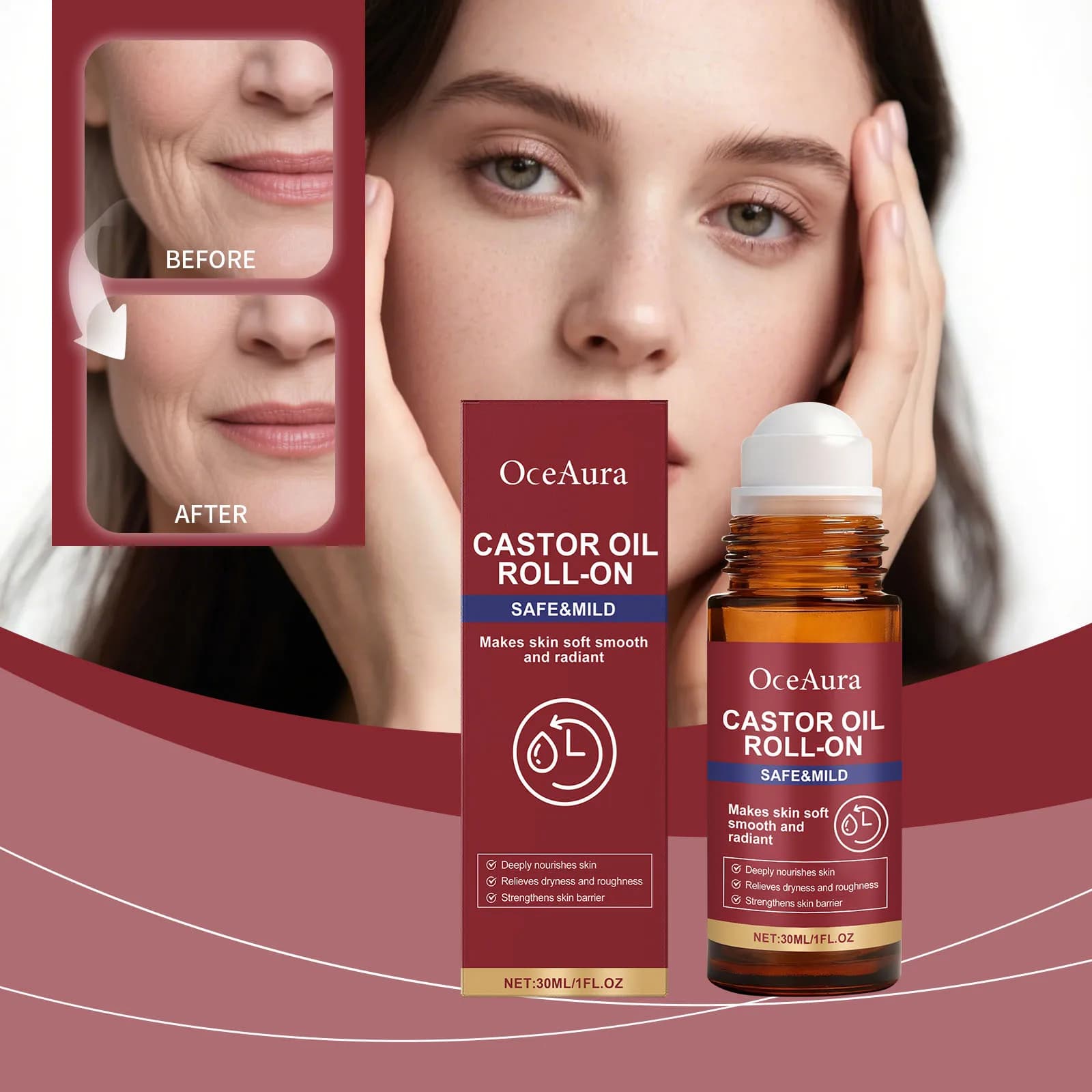 Sérum Roll-On à l'Huile de Ricin Naturelle, Hydratant, Lissant et Apaisant pour la Peau, Bille de Massage, Hydratation et Nutrition, Soin du Visage 30ml