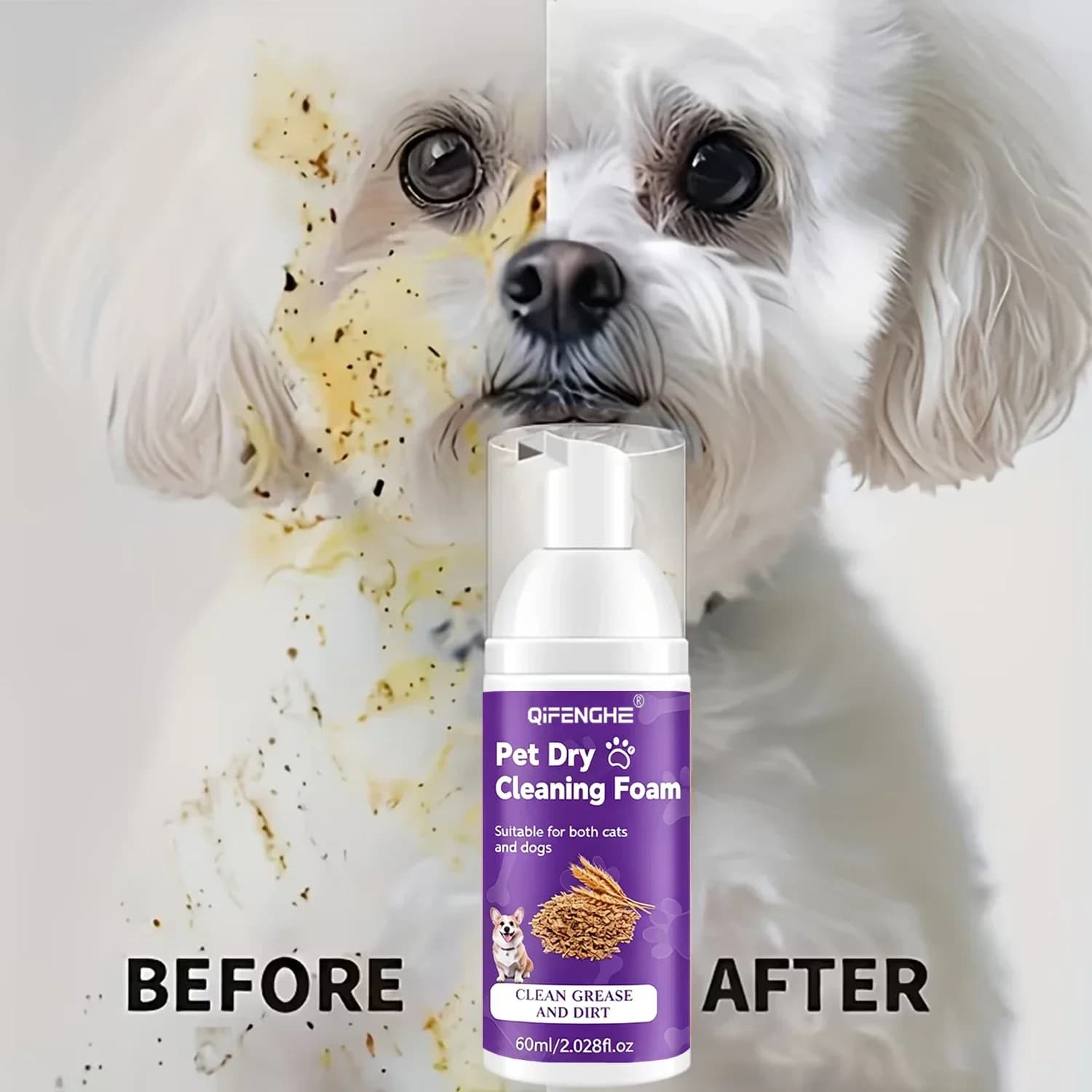 Shampooing sec pour chiens et chats - Mousse sans eau, sans rinçage, désodorisant et nettoyant pour chiots et chatons