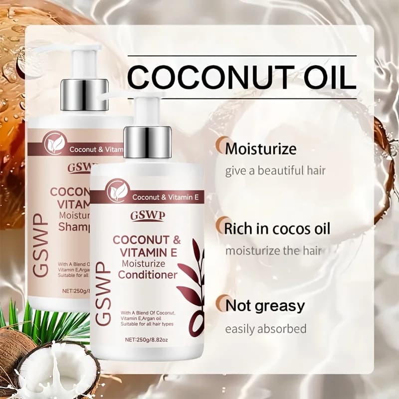 GSWP Ensemble shampoing et après-shampooing à la vitamine E à l'huile de coco nourrit en profondeur les cheveux