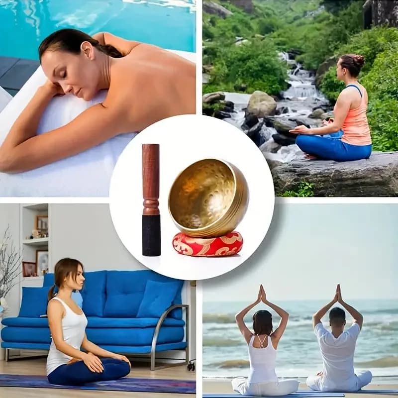Ensemble de 4 bols chantants tibétains en laiton du Népal, avec mallette en bois, coussin et sac de rangement, pour la méditation, le yoga, la guérison et la relaxation