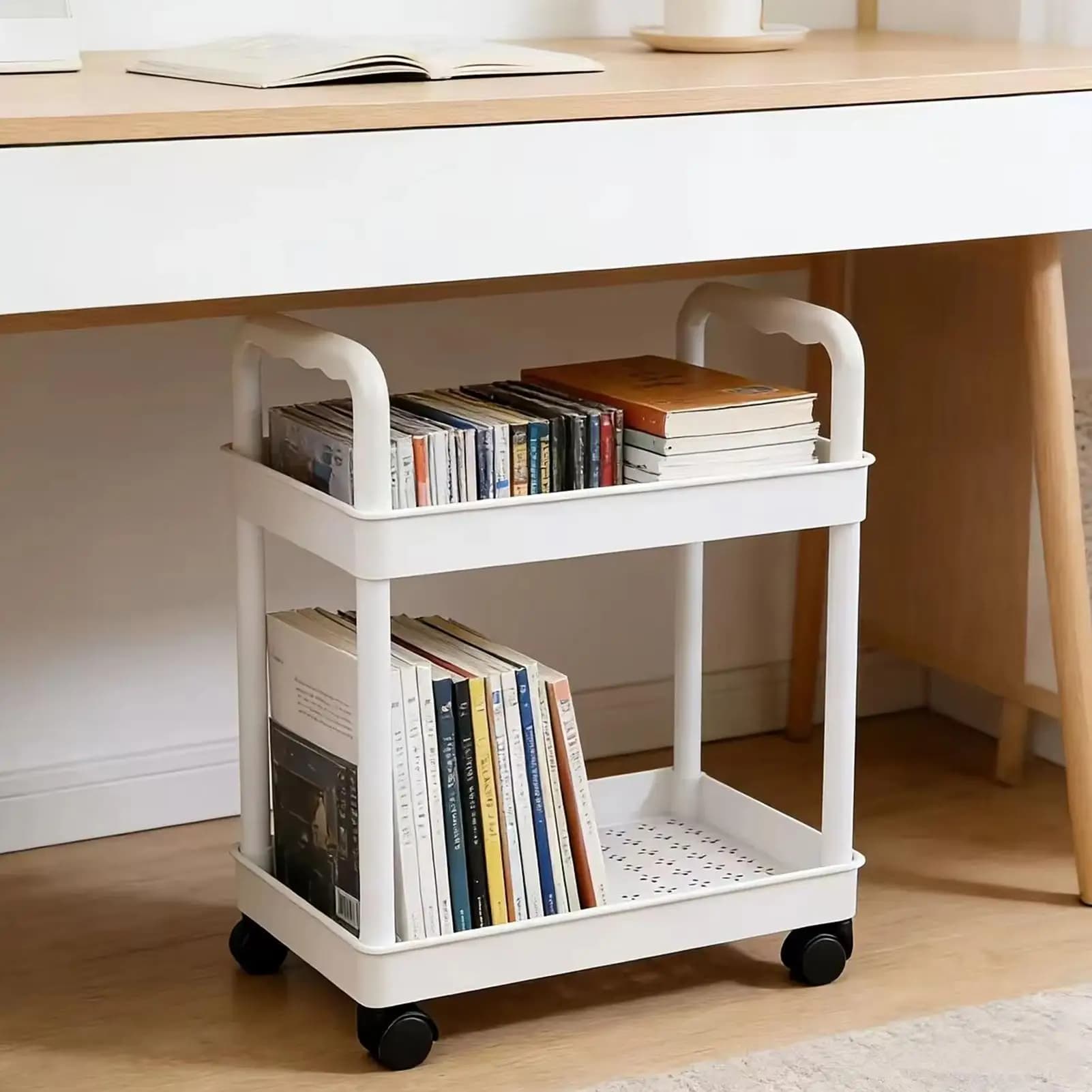 Chariot de rangement roulant à 2 niveaux, meuble mobile avec roulettes, chariot d'artisanat pour la maison, la cuisine, la salle de bain, le garde-manger, la buanderie, le garage