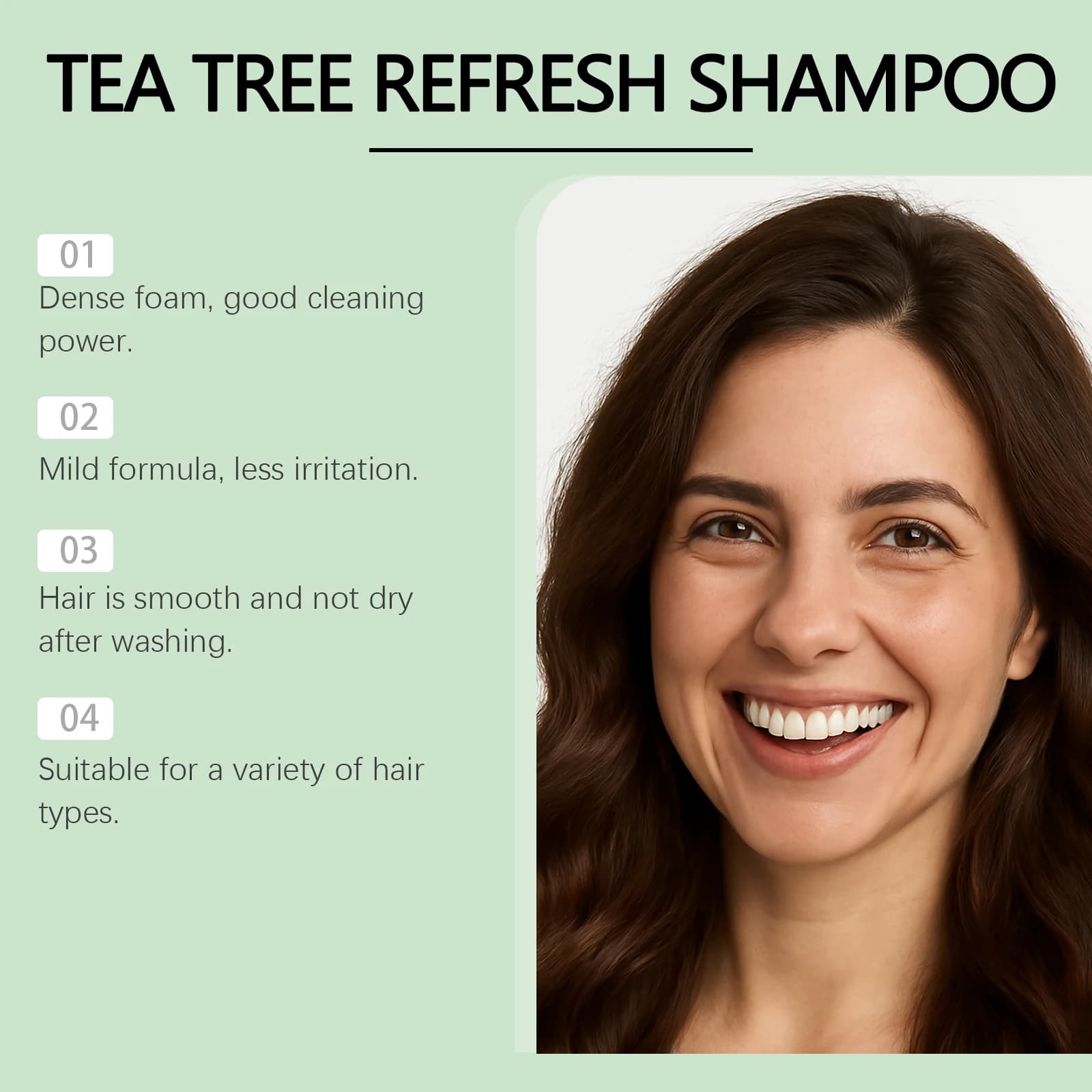 Shampooing rafraîchissant à l'huile d'arbre à thé, nettoyage en profondeur, nourrit le cuir chevelu, élimine les pellicules, réduit la casse et les frisottis, soin capillaire lissant