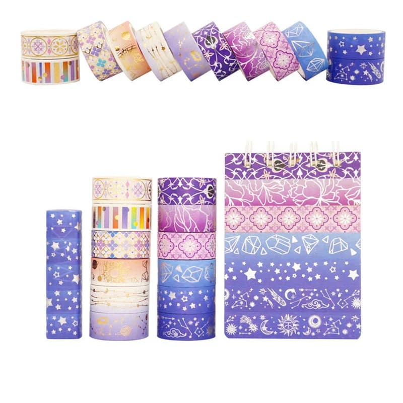 Ensemble de rubans Washi en feuille d'or étoile violette, 12 rouleaux/ensemble, série Constellation, rubans de masquage Laser pour Scrapbooking, ensemble de papeterie de bricolage