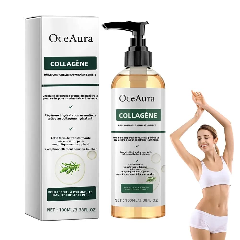 OceAura Huile Corporelle Raffermissante au Collagène – Améliore l'Élasticité de la Peau, Hydratation Intense, Lisse le Corps, Non Grasse, Romarin – Raffermit Bras et Ventre