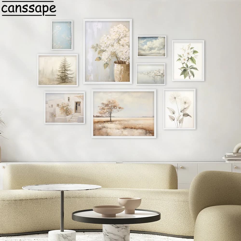 Peinture à l'huile de fleur blanche pour la décoration de salon, art mural, toile de paysage naturel, nuage de ciel, impression d'art de boule de souffle