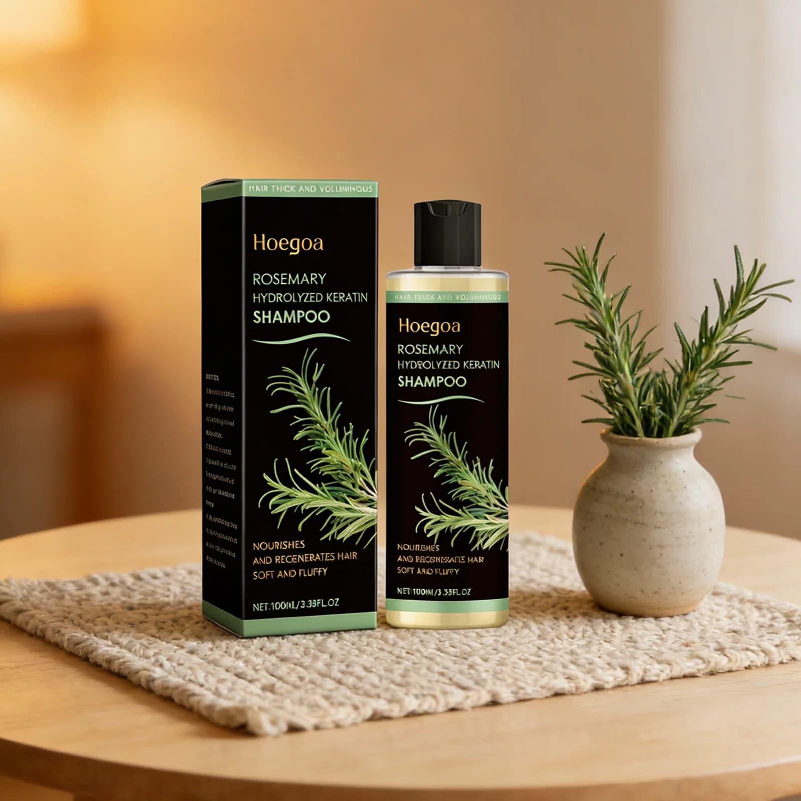 HOEGOA Shampoo à la kératine hydrolysée de romarin 100 ml, favorise la croissance des cheveux, réduit la casse et les pointes fourchues, hydratation intense