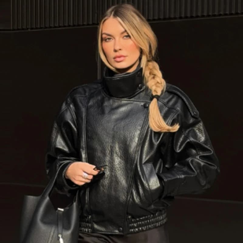 HXAO nouveauté femmes Bomber veste en cuir noir vestes recadrée surdimensionné vêtements d'extérieur fermeture éclair à