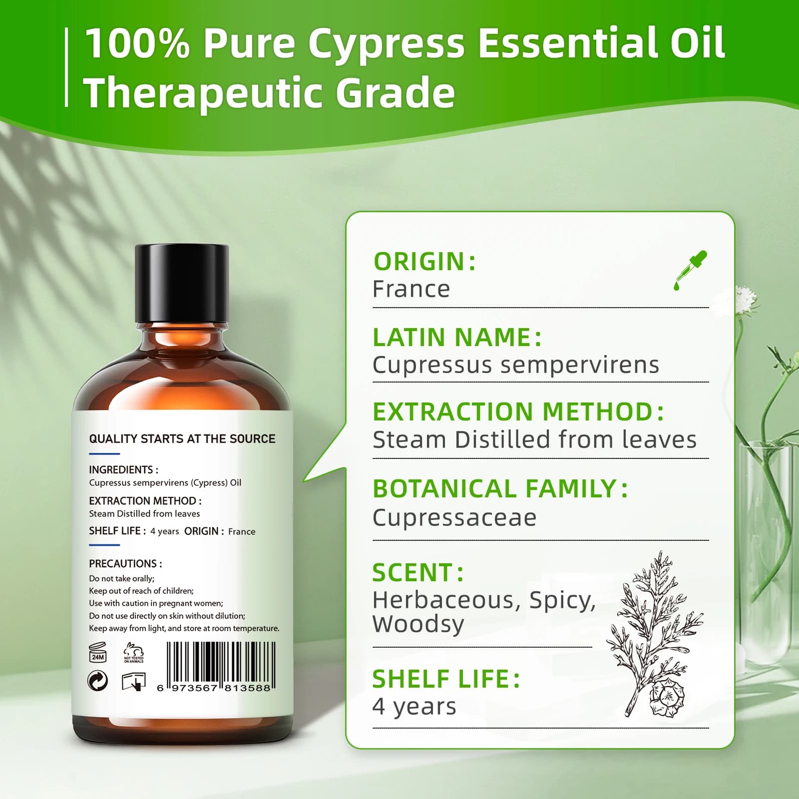 HIQILI 100ML huiles essentielles de cyprès, 100% nature pure pour l'aromathérapie, diffuseur, humidificateur, massage, bois, soulage le stress