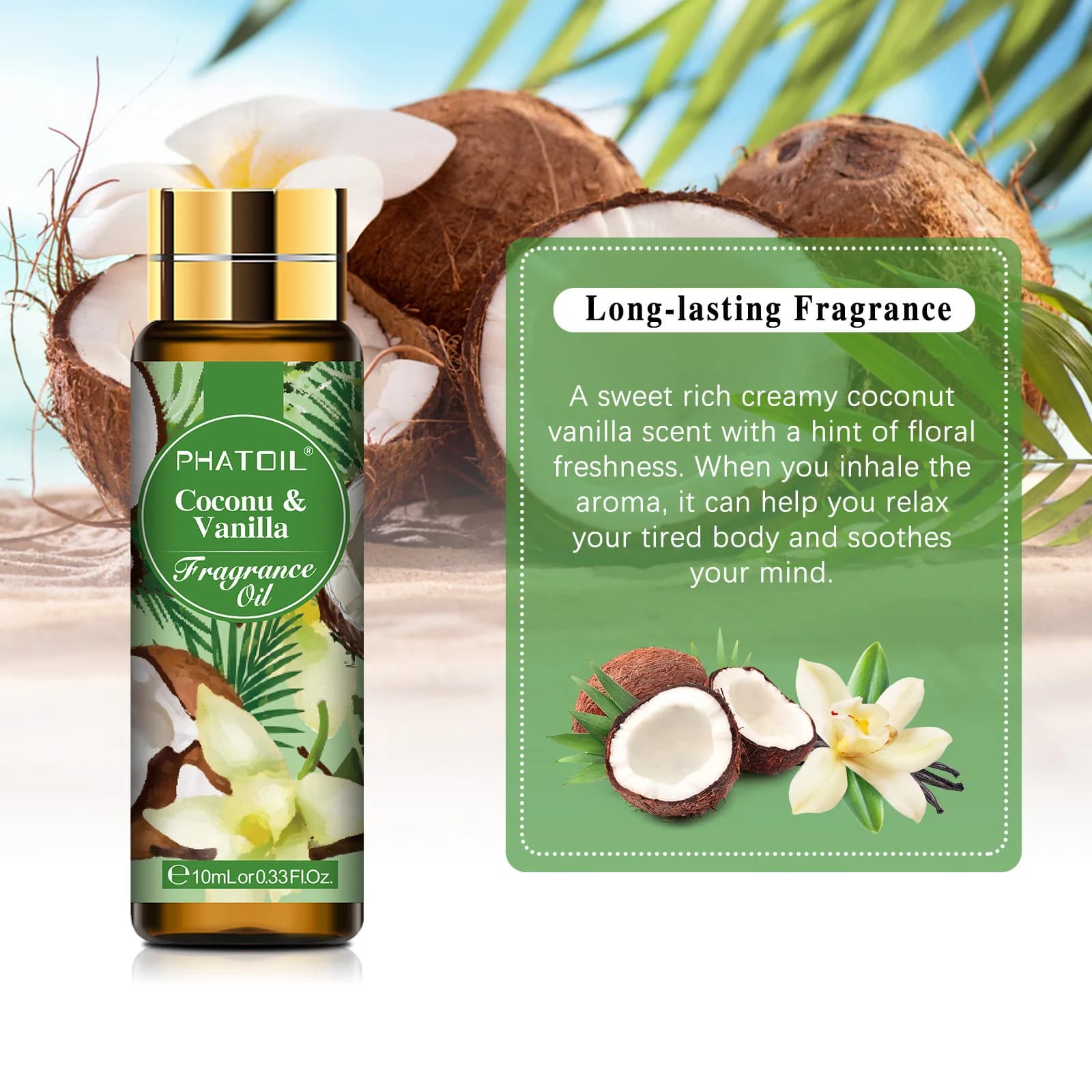 PHATOIL – huile parfumée d'aromathérapie, 10ml, pour la fabrication de bougies, diffuseur, noix de coco et vanille, cerise, fraise, musc blanc, huiles aromatiques