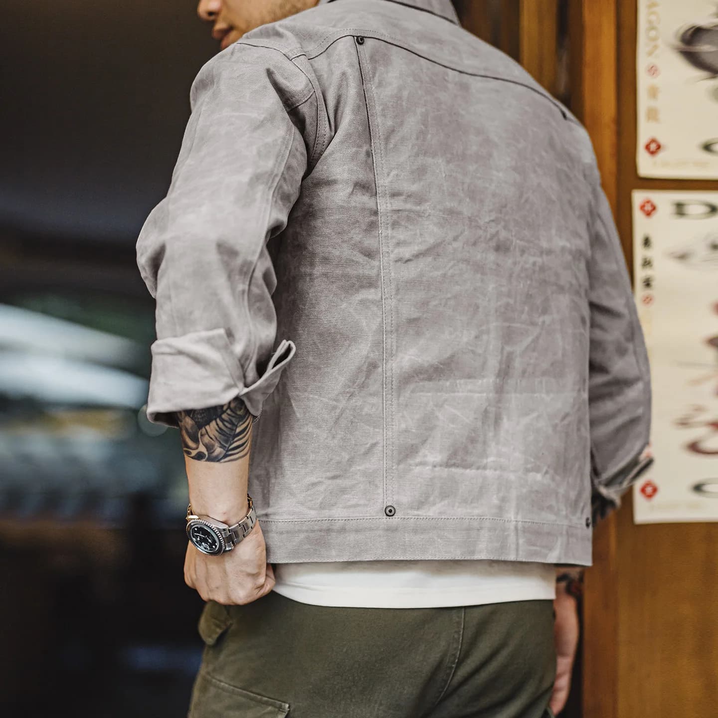 Maden – veste cirée à l'huile Vintage pour hommes, manteau de chasse imperméable en V, Double plis, vêtements d'extérieur en toile grise avec poches plaquées pour l'automne