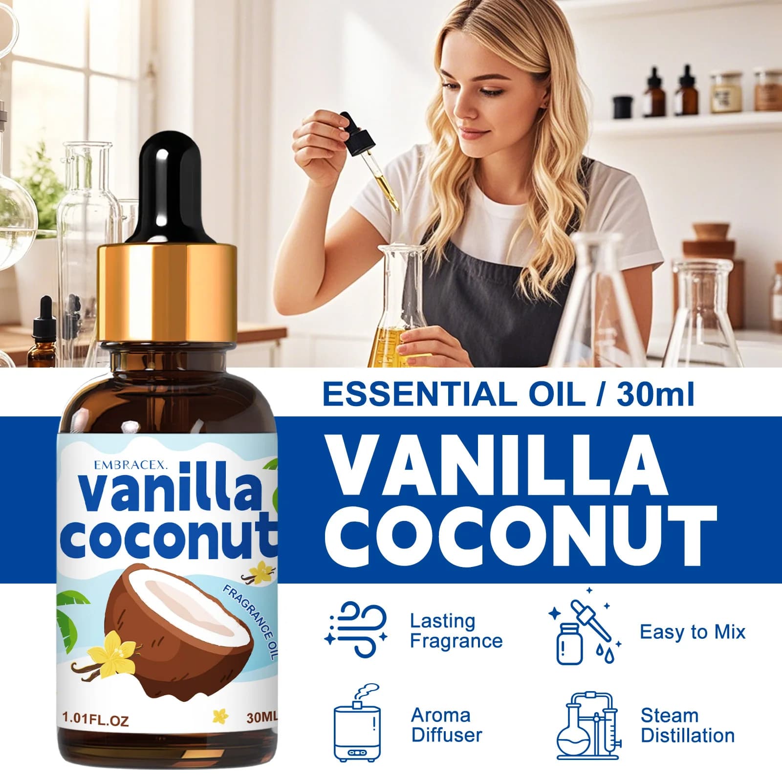 Huile essentielle de vanille et de noix de coco 30 ml pour diffuseurs