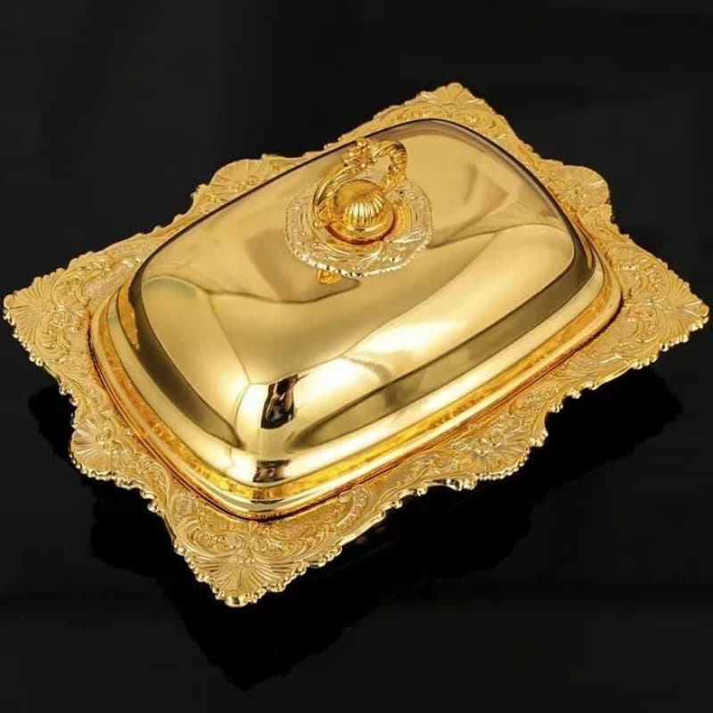 Plateau à fromage au beurre de fruits européens, avec couvercle, forme de Texture d'écorce en métal, assiette à gâteau dorée exquise, assiette à collation, décoration de mariage