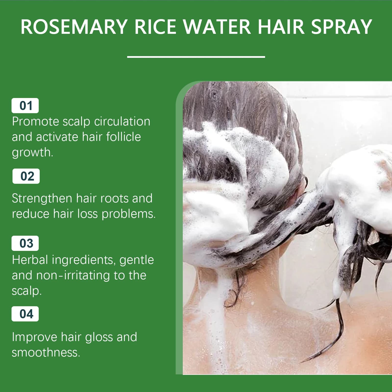 Spray capillaire à la rosemaine et à l'eau de riz pour cheveux secs et abîmés, soin hydratant et nourrissant du cuir chevelu, anti-pelliculaire, pour des cheveux doux, lisses et renforcés.