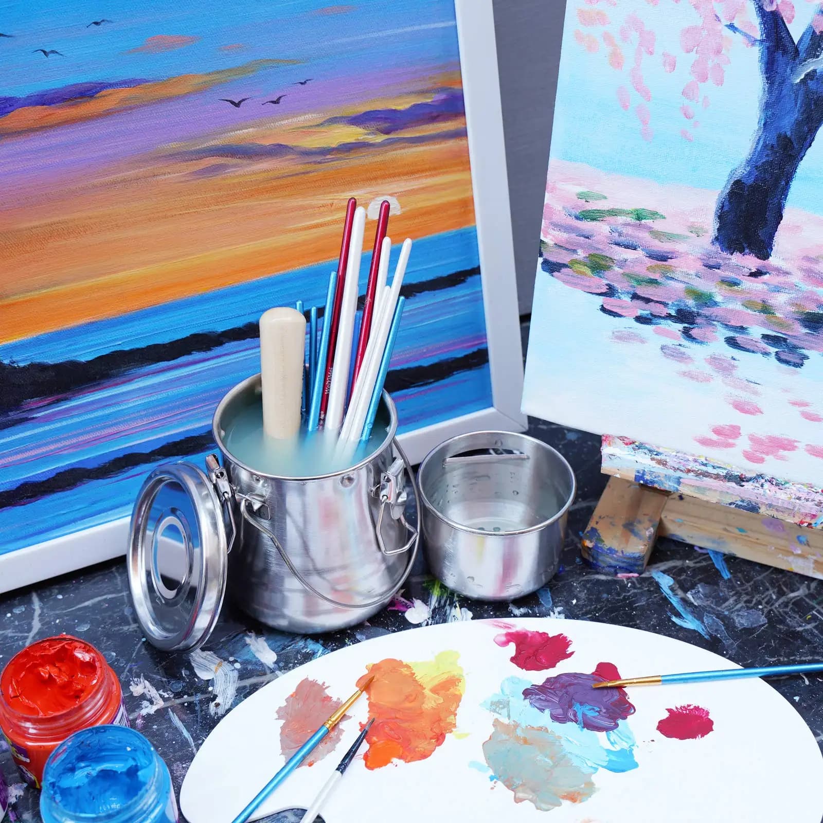 Laveur de pinceaux à peinture à l'huile en acier inoxydable avec pot à huile et filtre poreux amovible, nettoyeur de pinceaux en acier inoxydable scellé