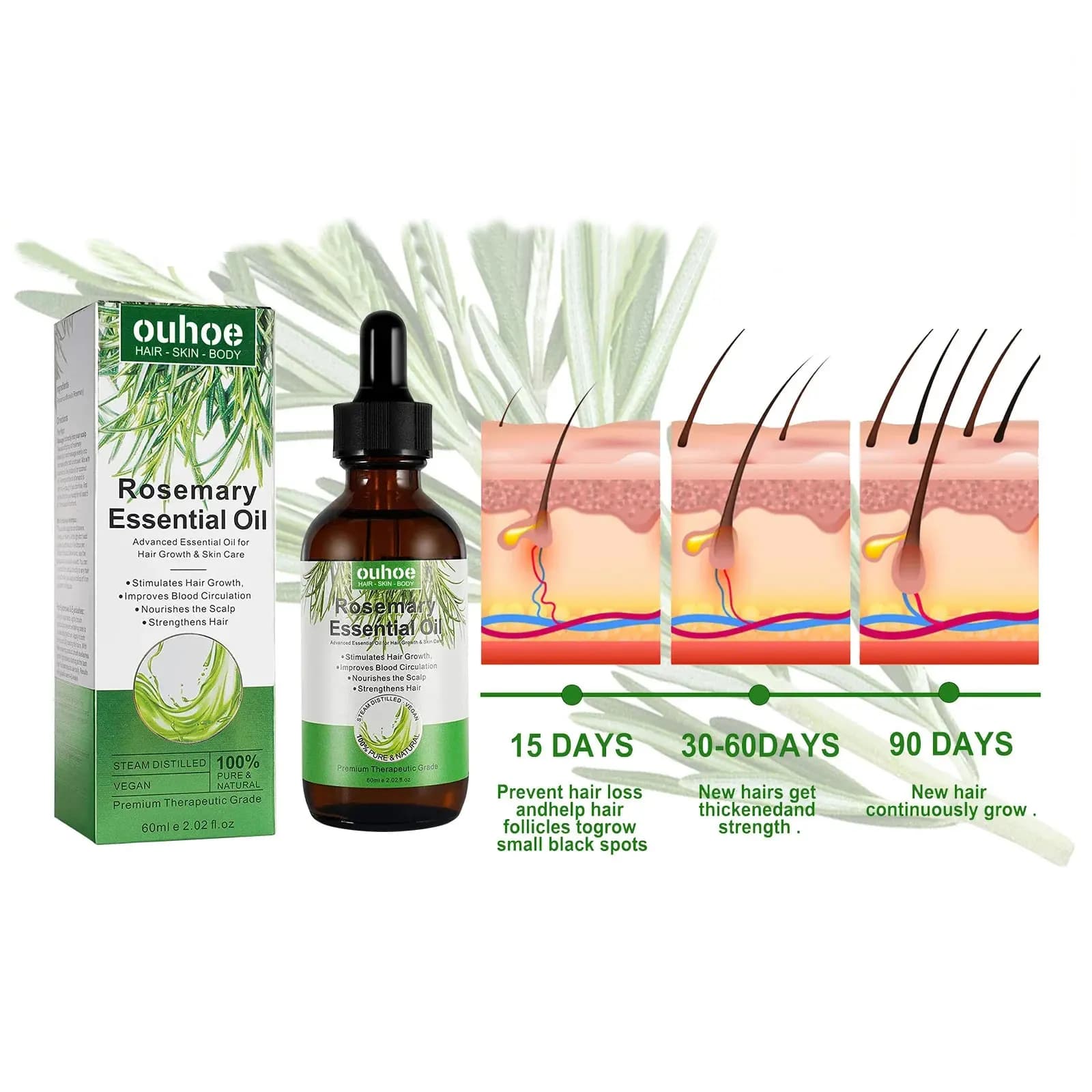 Huile de croissance des cheveux au romarin Anti-frisottis Traitement des pellicules Cuir chevelu endommagé Nourrissant Anti perte de cheveux Sérum Huile essentielle de romarin pur