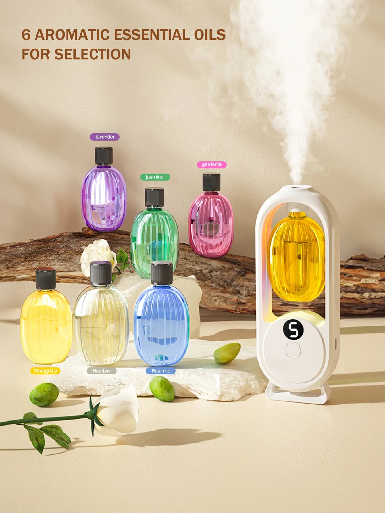 Diffuseur d'aromathérapie portable rechargeable - Machine de thérapie aux huiles essentielles - 6 types d'huiles d'aromathérapie -5 modes de pulvérisation