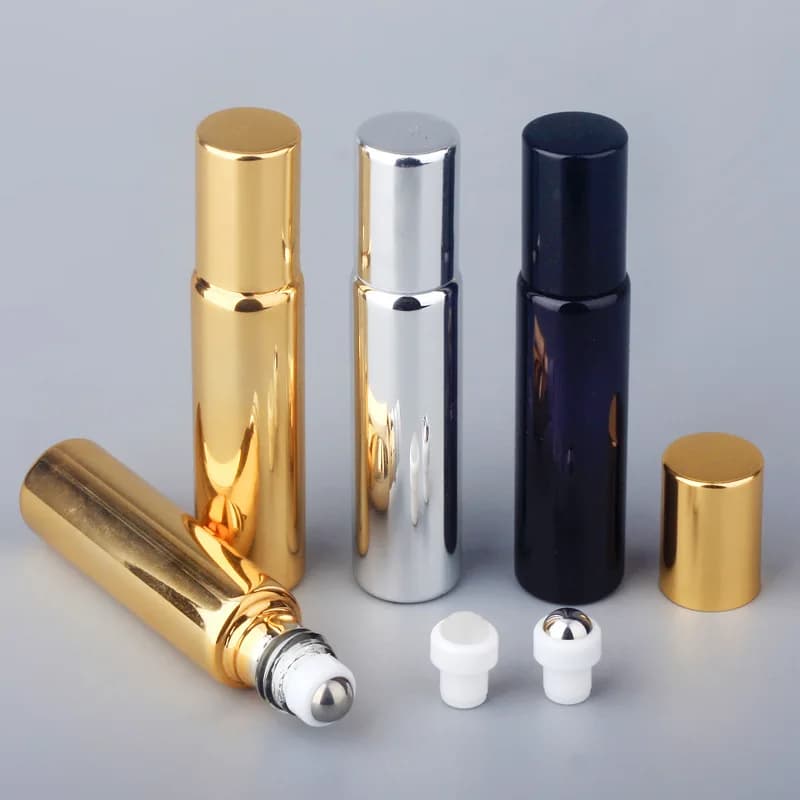 Bouteilles à roulettes d'huile essentielle en verre or/noir de 10ml, 200 pièces, avec boules à roulettes en métal, parfums rechargeables, baumes à lèvres, bouteilles à rouler