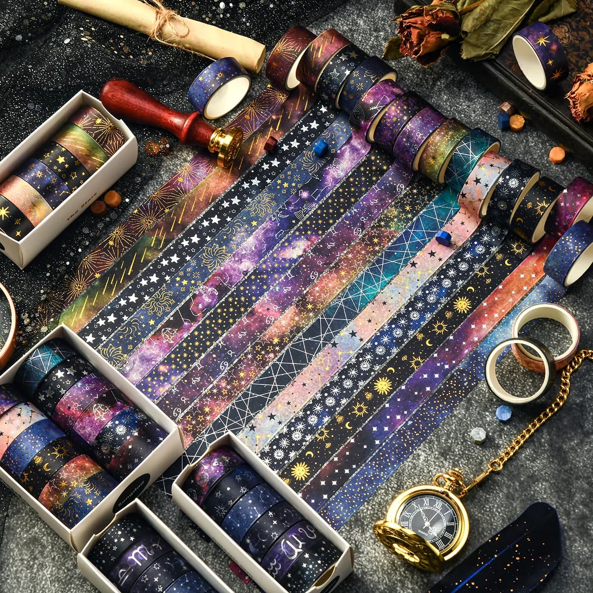 Ensemble de 12 rouleaux de ruban washi rétro ciel étoilé, 2 m de long / 1,5 cm de large, fournitures de papeterie et décoration de cadeaux, un cadeau pour les amis
