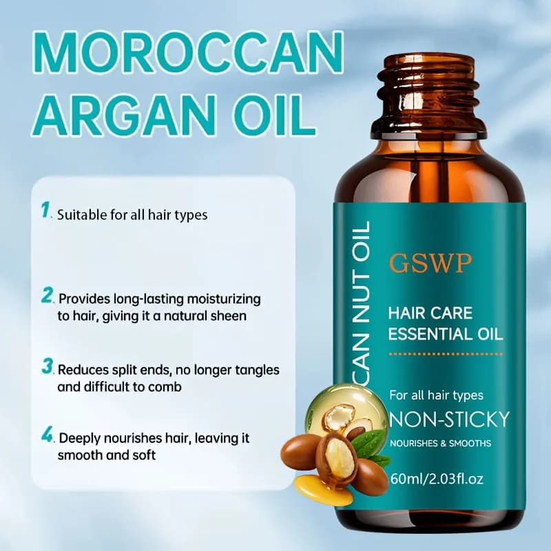 Huile capillaire à l'huile d'argan GSWP, contrôle les frisottis, non grasse, renforce les cheveux, répare les pointes fourchues, emballage haut de gamme. 60ml/120ml