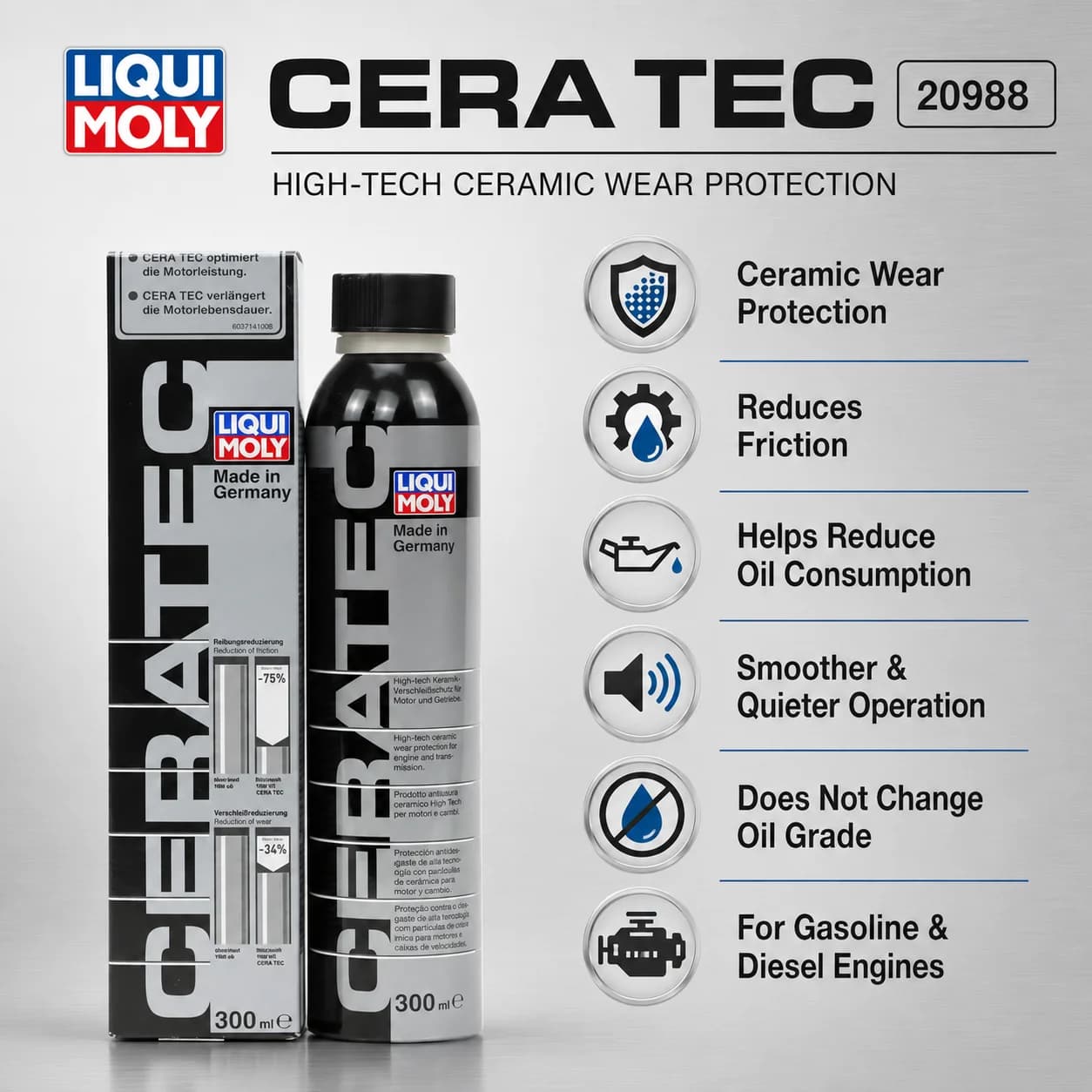 Additif d'huile moteur céramique Liqui Moly CeraTec, anti-usure, réducteur de friction, protecteur de moteur pour moteur turbo de voiture