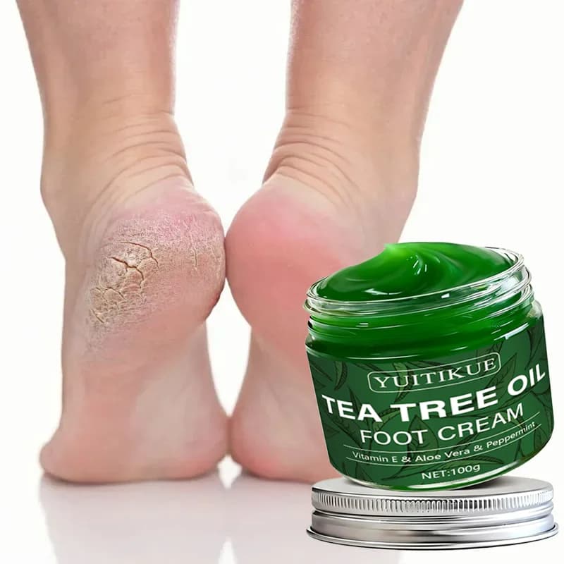 YUITIKUE Crème pour les pieds à l'huile d'arbre à thé 100g - Hydratant multi-usage pour pieds, mains, genoux et coudes, Soin doux avec vitamine E et aloès