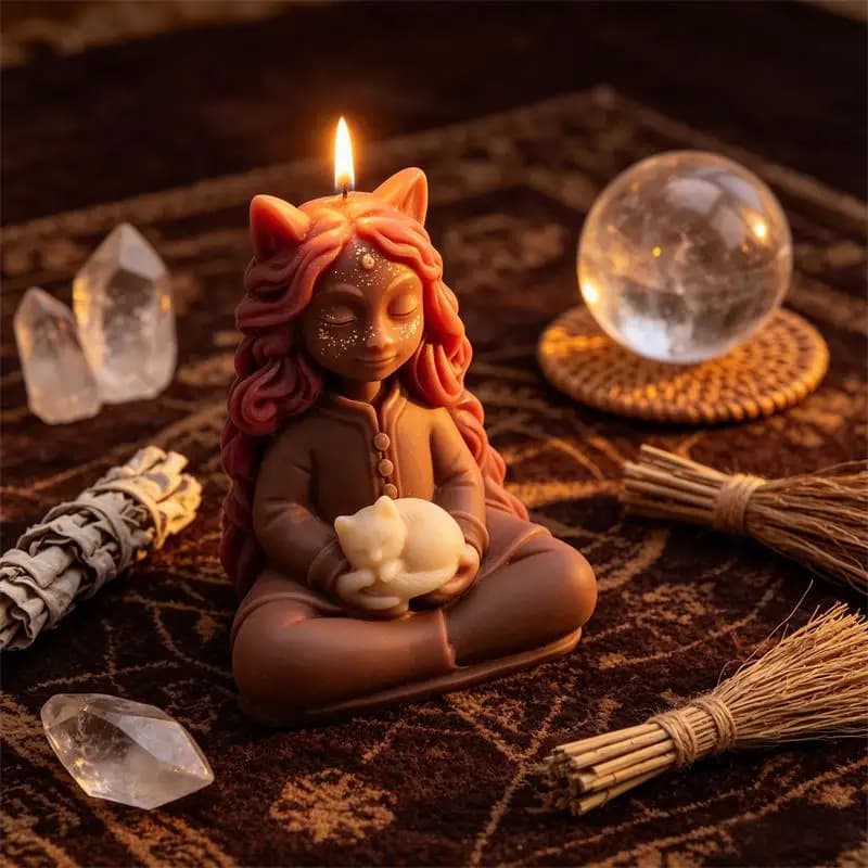 Moule en silicone 3D pour bougies et résine, motif Sorcière méditative avec chat, sculpture spirituelle de déesse sorcière féline, pour bougies de relaxation