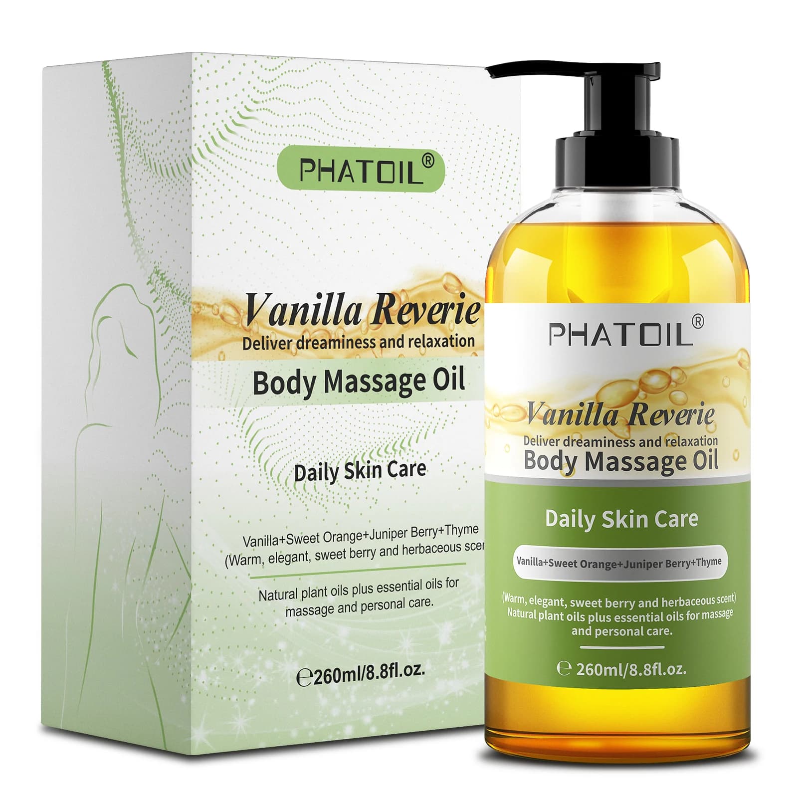PHATOIL 260ml huile corporelle-huile de Massage hydratante et apaisante avec parfum longue durée huiles pour le corps vanille gingembre romarin