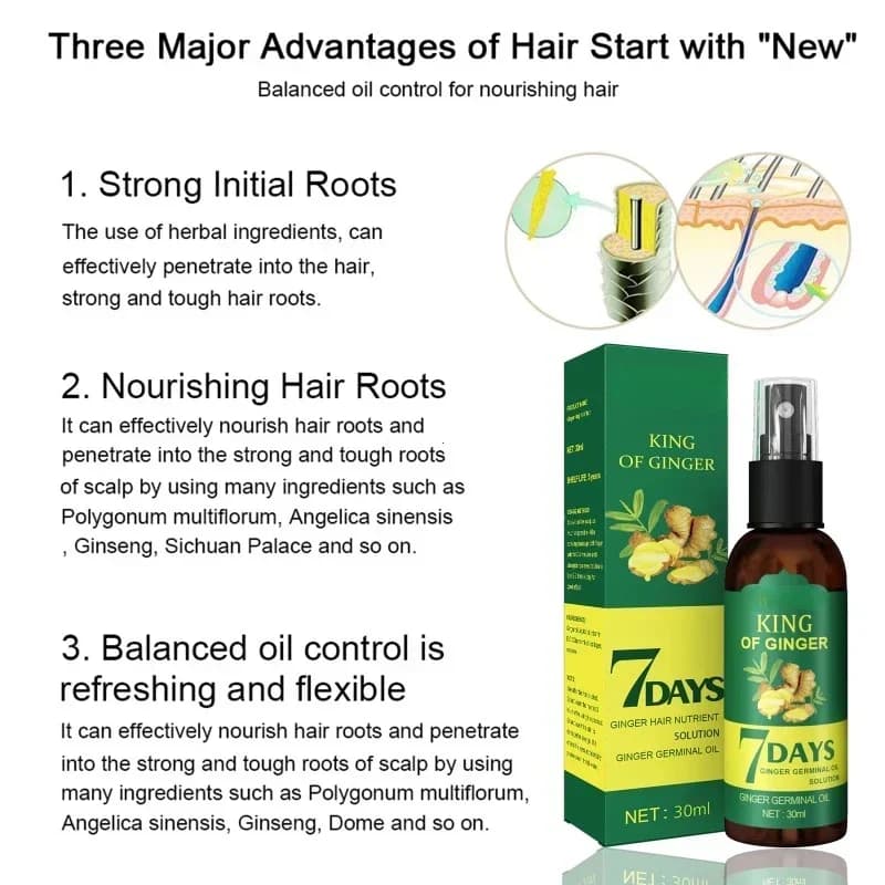 Spray de croissance des cheveux au gingembre, Massage renforcé du cuir chevelu, renforcement des cheveux denses, prévention de la perte de cheveux, liquide nourrissant réparateur