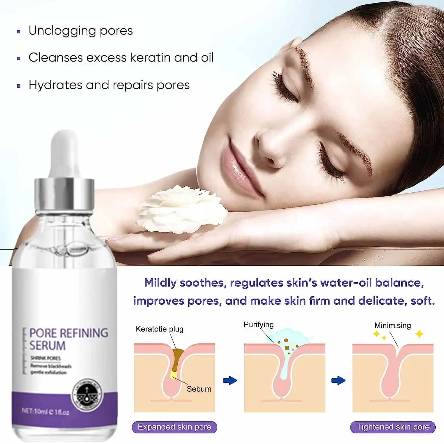 Sérum Réducteur de Pores Visage – Atténue les Pores Dilatés, Resserre et Minimise les Pores – Essence de Soin pour une Peau Ferme et Éclatante